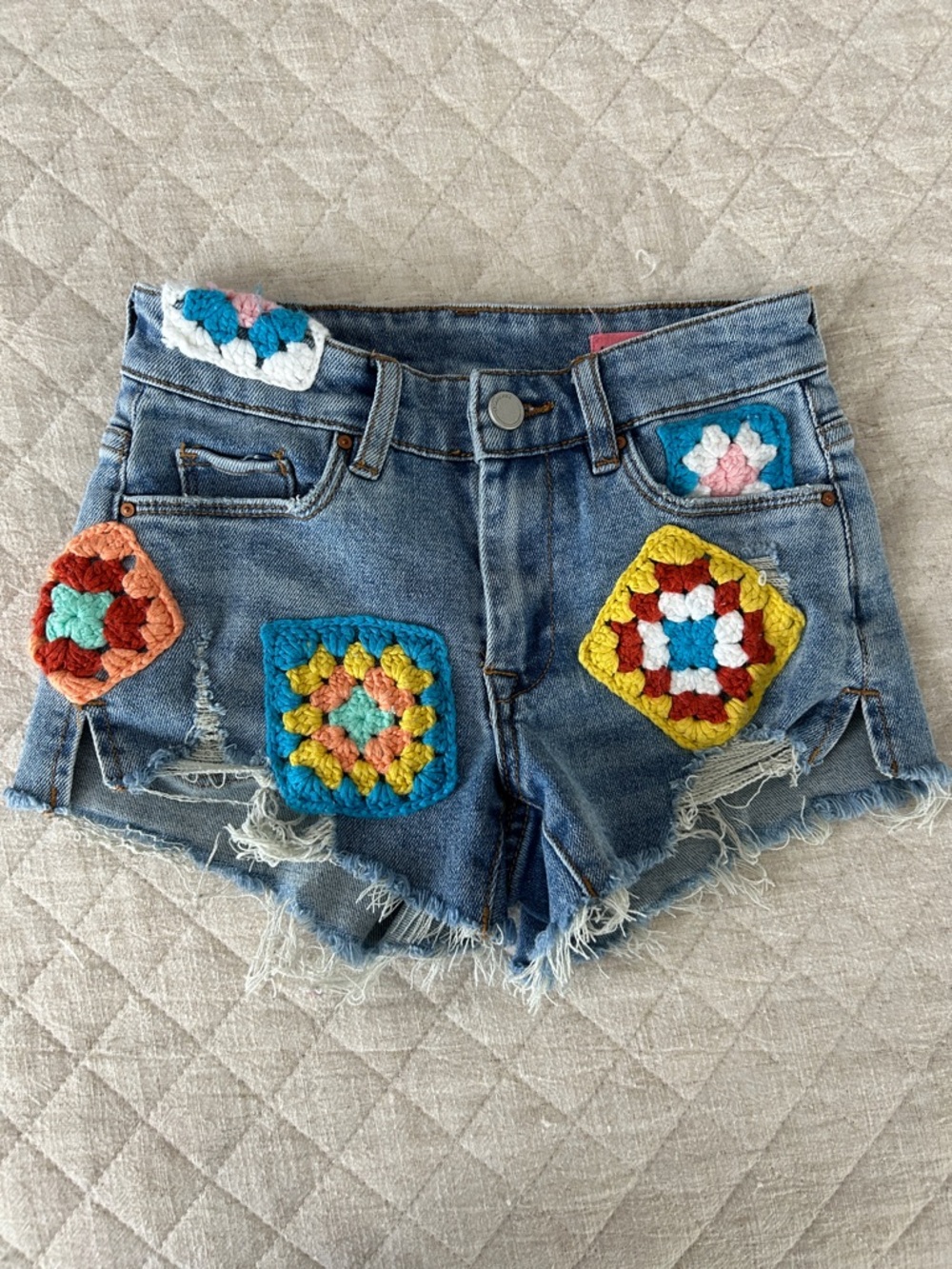Vintage-Inspired Blue Denim Crochet Patch Shorts